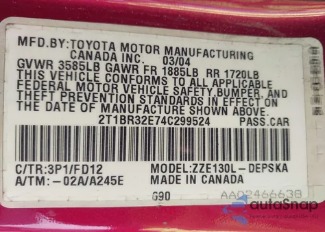 2004 Toyota Corolla S from USA, damaged, VIN 2T1BR32E74C299524